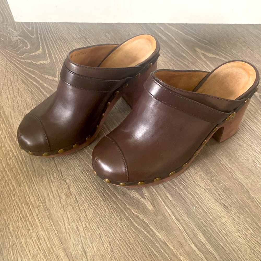 Chanel dark brown leather clog mules